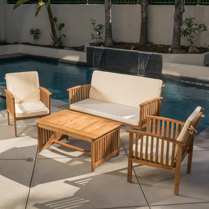 4 Person Solid Arcacia Wood Outdoor Seating Group with Cushions Beige