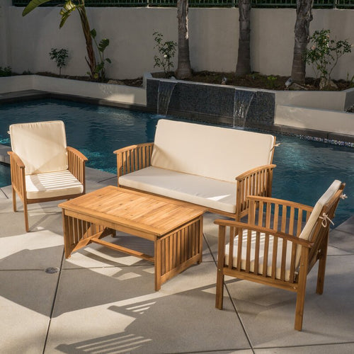 4 Person Solid Arcacia Wood Outdoor Seating Group with Cushions Beige