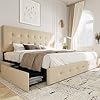 Load image into Gallery viewer, KING Sadie Upholstered Size Platform Bed Frame with 4 Storage Drawers and Headboard, Square Stitched Button Tufted, Mattress Foundation with Wooden Slats Support, No Box Spring Needed, Beige