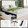 Load image into Gallery viewer, QUEEN Sadie Upholstered Size Platform Bed Frame with 4 Storage Drawers and Headboard, Diamond Stitched Button Tufted, Mattress Foundation with Wooden Slats Support, No Box Spring Needed, White