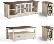 Load image into Gallery viewer, LINSY HOME Living Room Table Sets 4 Piece with TV Stand, Farmhouse TV Stand for 65 Inch TV, Coffee Table with Drawers, Two End Table with Charging Station, Washed Gray