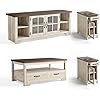 Load image into Gallery viewer, LINSY HOME Living Room Table Sets 4 Piece with TV Stand, Farmhouse TV Stand for 65 Inch TV, Coffee Table with Drawers, Two End Table with Charging Station, Washed Gray