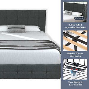 QUEEN Sadie Upholstered Platform Bed Frame with 4 Storage Drawers and Headboard DARK GRAY