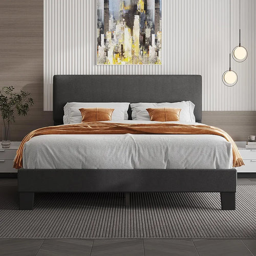 FULL Joey Platform Bed Frame with Headboard,Linen Upholstered Bed Frame with Wood Slats Support GREY