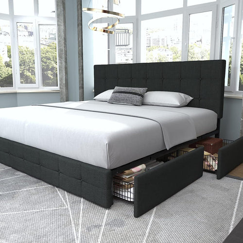 KING Sadie Upholstered Platform Bed Frame with 4 Storage Drawers and Headboard DARK GRAY