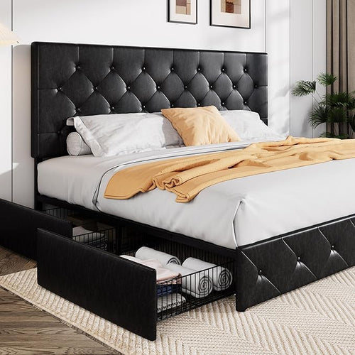 KING Sadie Size Black Metal Faux Leather Platform Bed Frame with 4 Drawers