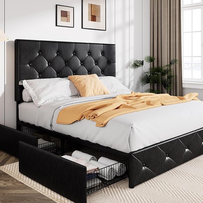 QUEEN Sadie Upholstered Size Platform Bed Frame with 4 Storage Drawers and Headboard, Diamond Stitched Button Tufted, Mattress Foundation with Wooden Slats Support, No Box Spring Needed, Black