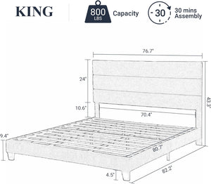 QUEEN Alto Fabric Upholstered Platform Bed Frame with Headboard and Wooden Slats, Beige