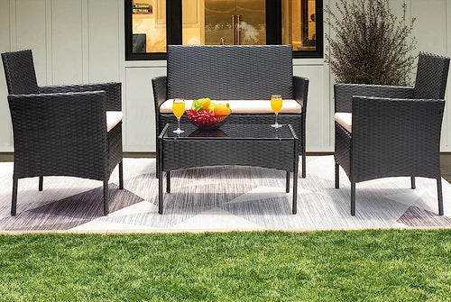 Black & Beige Outdoor Backyard Porch Garden Poolside Balcony Sets Clearance Black and Beige 4 Pieces Furniture