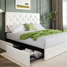 Load image into Gallery viewer, QUEEN Sadie Upholstered Size Platform Bed Frame with 4 Storage Drawers and Headboard, Diamond Stitched Button Tufted, Mattress Foundation with Wooden Slats Support, No Box Spring Needed, White