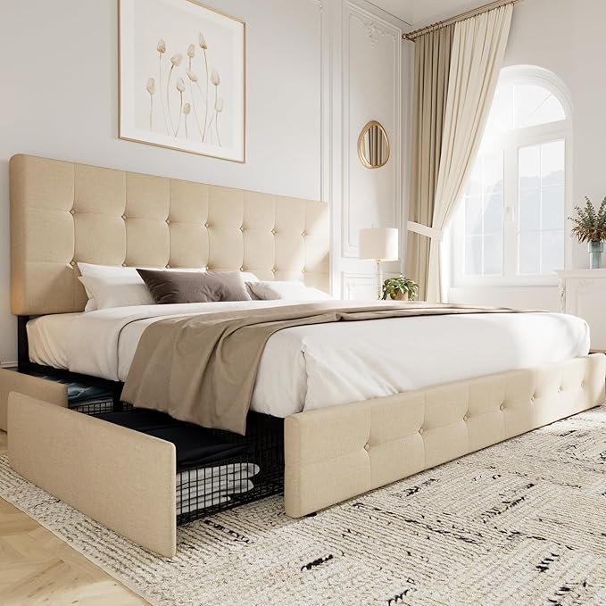 KING Sadie Upholstered Size Platform Bed Frame with 4 Storage Drawers and Headboard, Square Stitched Button Tufted, Mattress Foundation with Wooden Slats Support, No Box Spring Needed, Beige