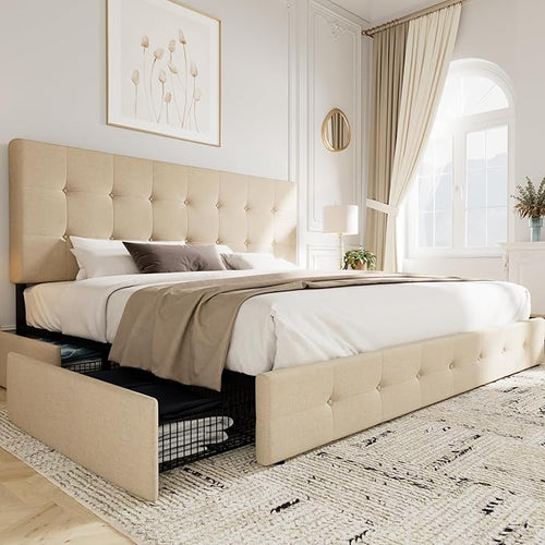 KING Sadie Upholstered Size Platform Bed Frame with 4 Storage Drawers and Headboard, Square Stitched Button Tufted, Mattress Foundation with Wooden Slats Support, No Box Spring Needed, Beige
