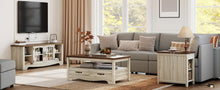 Load image into Gallery viewer, LINSY HOME Living Room Table Sets 4 Piece with TV Stand, Farmhouse TV Stand for 65 Inch TV, Coffee Table with Drawers, Two End Table with Charging Station, Washed Gray