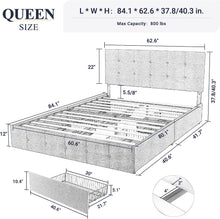 Load image into Gallery viewer, QUEEN Sadie Upholstered Platform Bed Frame with 4 Storage Drawers and Headboard DARK GRAY