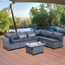 Load image into Gallery viewer, Skyview Modular 7 Pieces PE Wicker Patio Furniture Set Outdoor Sectional Conversation Sofa Set with Liftable Storage Table, Non-Slip Cushions and Furniture Cover, Navy
