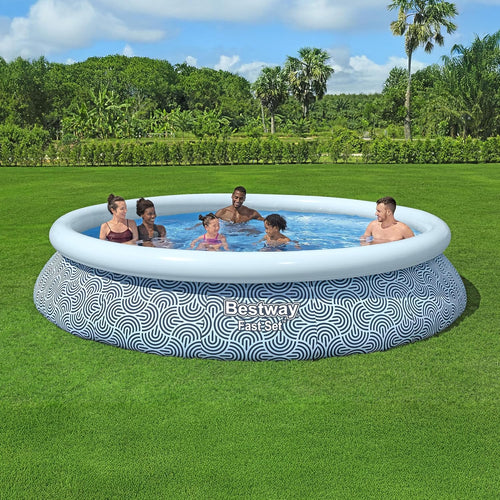 Bestway Fast Set Round Inflatable Pool Set, 13ft x 33in | Rattan Print | Circular Above Ground Pool | Includes Filter Pump, Repair Patch & Cover