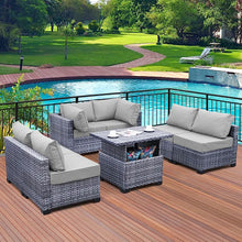Load image into Gallery viewer, Skyview Modular 7 Pieces PE Wicker Patio Furniture Set Outdoor Sectional Conversation Sofa Set with Liftable Storage Table, Non-Slip Cushions and Furniture Cover, Light Grey