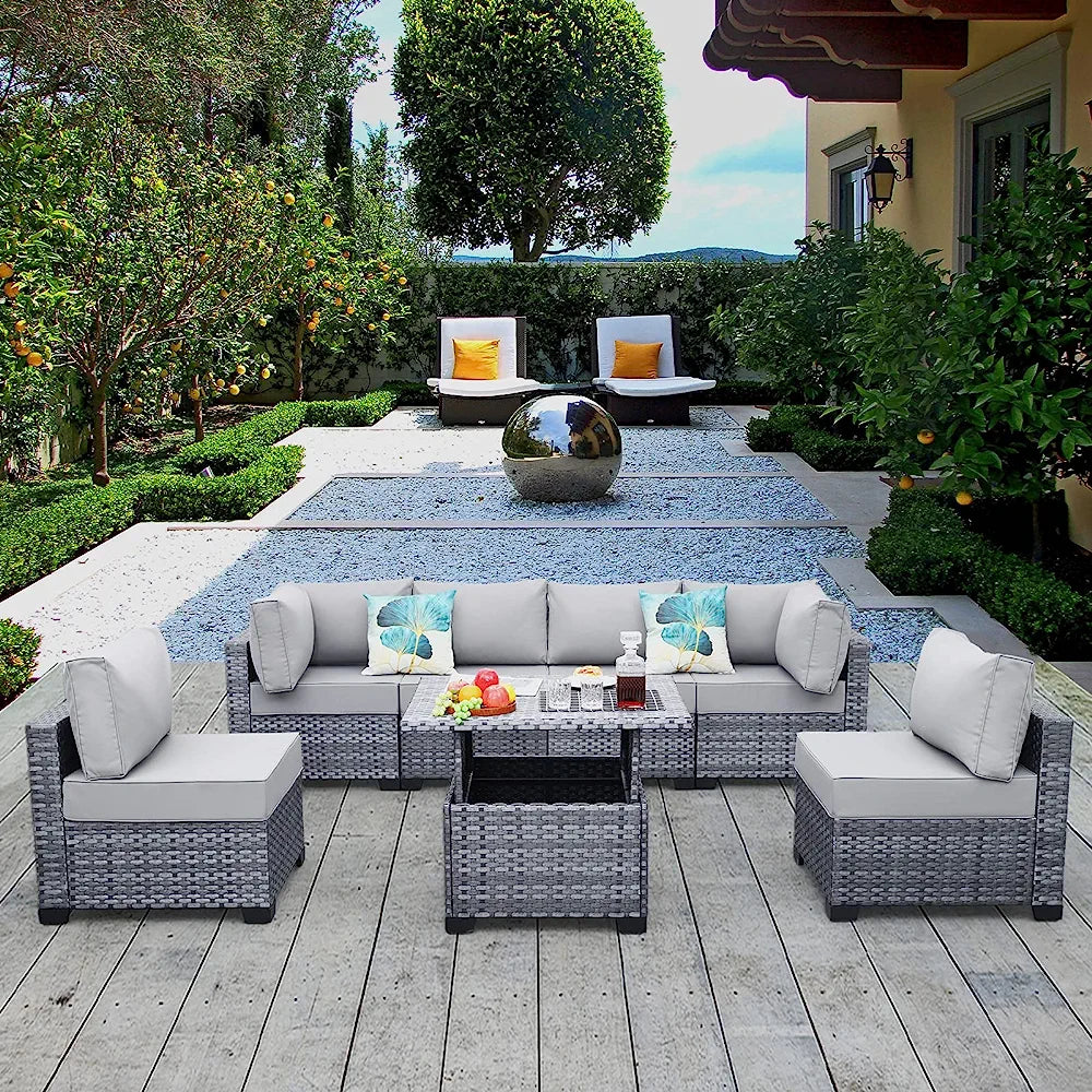 Skyview Modular 7 Pieces PE Wicker Patio Furniture Set Outdoor Sectional Conversation Sofa Set with Liftable Storage Table, Non-Slip Cushions and Furniture Cover, Light Grey