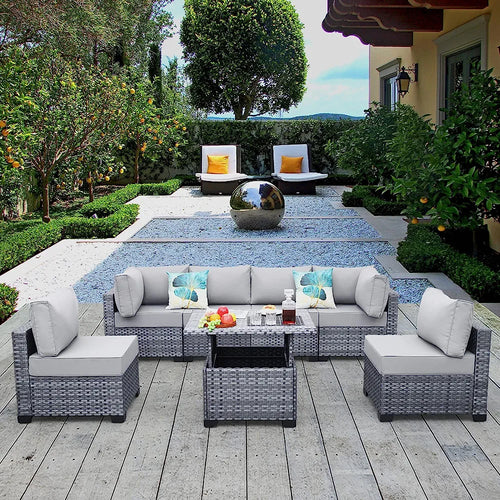Skyview Modular 7 Pieces PE Wicker Patio Furniture Set Outdoor Sectional Conversation Sofa Set with Liftable Storage Table, Non-Slip Cushions and Furniture Cover, Light Grey