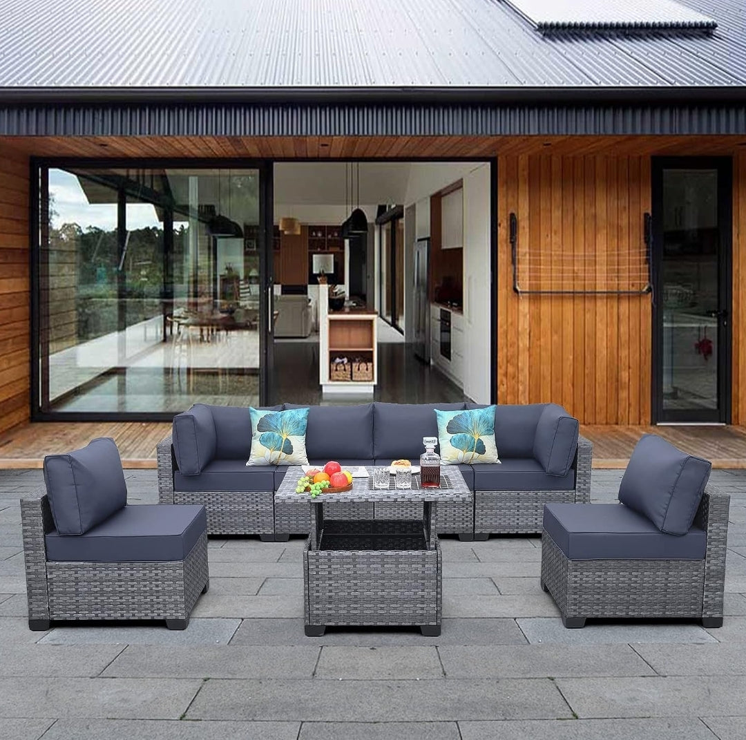Skyview Modular 7 Pieces PE Wicker Patio Furniture Set Outdoor Sectional Conversation Sofa Set with Liftable Storage Table, Non-Slip Cushions and Furniture Cover, Navy