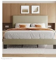 FULL Joey Platform Bed Frame with Headboard,Linen Upholstered Bed Frame with Wood Slats Support BEIGE