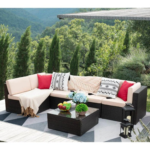 Blaco 6 Pieces Outdoor Sectional Sofa Set PE Wicker Rattan Sectional Seating Group with Cushions and Table, Beige