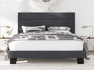FULL Alto Fabric Upholstered Platform Bed Frame with Headboard and Wooden Slats, Dark Grey