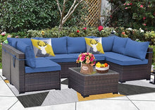 Load image into Gallery viewer, Sunland 7 Piece Outdoor Patio Furniture Sets All-Weather Outdoor Sectional Furniture PE Wicker Patio Sofa Backyard Deck Couch Conversation Chair Set with Coffee Table &amp; 6 Thickened Cushions (NAVY))