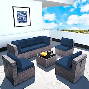 Sunland 7 Piece Outdoor Patio Furniture Sets All-Weather Outdoor Sectional Furniture PE Wicker Patio Sofa Backyard Deck Couch Conversation Chair Set with Coffee Table & 6 Thickened Cushions (NAVY))