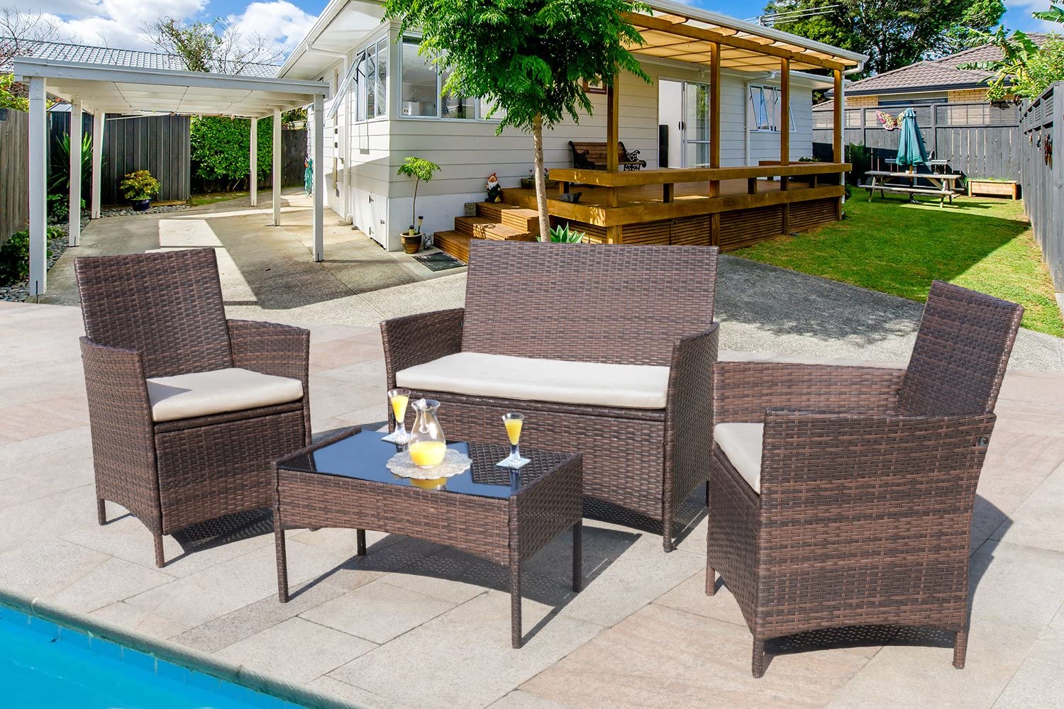 Jolie Outdoor Backyard Porch Garden Poolside Balcony Sets Clearance Brown and Beige 4 Pieces Furniture