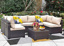 Load image into Gallery viewer, Sunland 7 Piece Outdoor Patio Furniture Sets All-Weather Outdoor Sectional Furniture PE Wicker Patio Sofa Backyard Deck Couch Conversation Chair Set with Coffee Table &amp; 6 Thickened Cushions (BROWN)