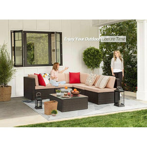 Blaco 6 Pieces Outdoor Sectional Sofa Set PE Wicker Rattan Sectional Seating Group with Cushions and Table, Beige