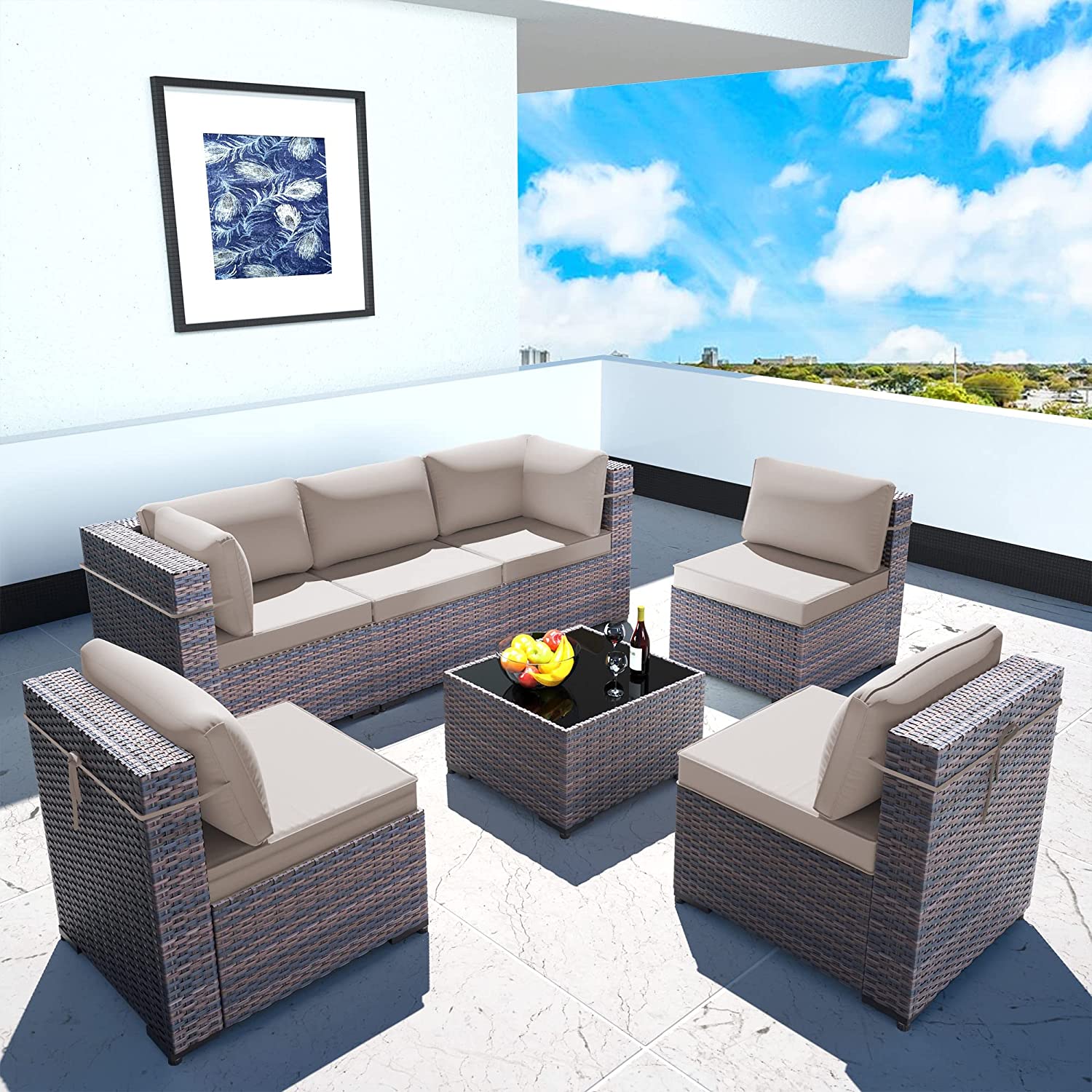 Sunland 7 Piece Outdoor Patio Furniture Sets All-Weather Outdoor Sectional Furniture PE Wicker Patio Sofa Backyard Deck Couch Conversation Chair Set with Coffee Table & 6 Thickened Cushions (BROWN)