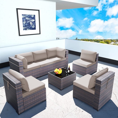 Sunland 7 Piece Outdoor Patio Furniture Sets All-Weather Outdoor Sectional Furniture PE Wicker Patio Sofa Backyard Deck Couch Conversation Chair Set with Coffee Table & 6 Thickened Cushions (BROWN)